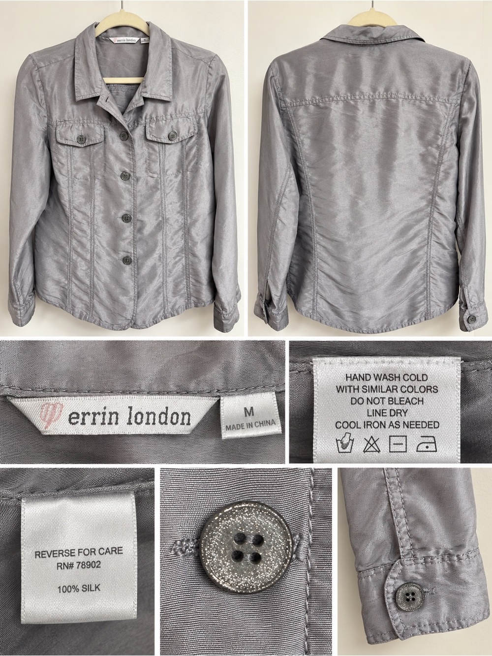 Perrin London 100% Silk Silver Gray Button Front Utility Shirt Jacket M